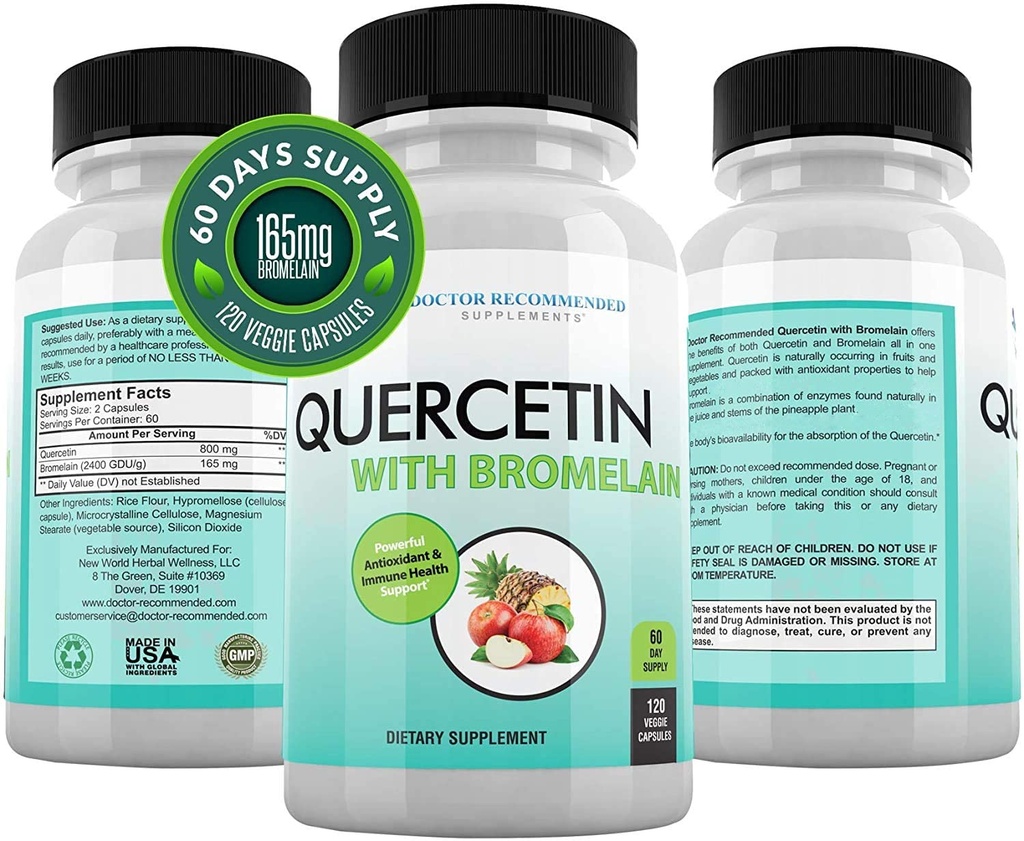 DOKTER RECOMMENDED SUPPLEMENTS Quercetin 800mg w / Bromelain 165mg Per Serving - 120 Veggie Kapsul 60 Full Day Supply, Vitamin Tambahan untuk Dukungan & Bioflavonoid, Gluten Bebas, Non-GMO