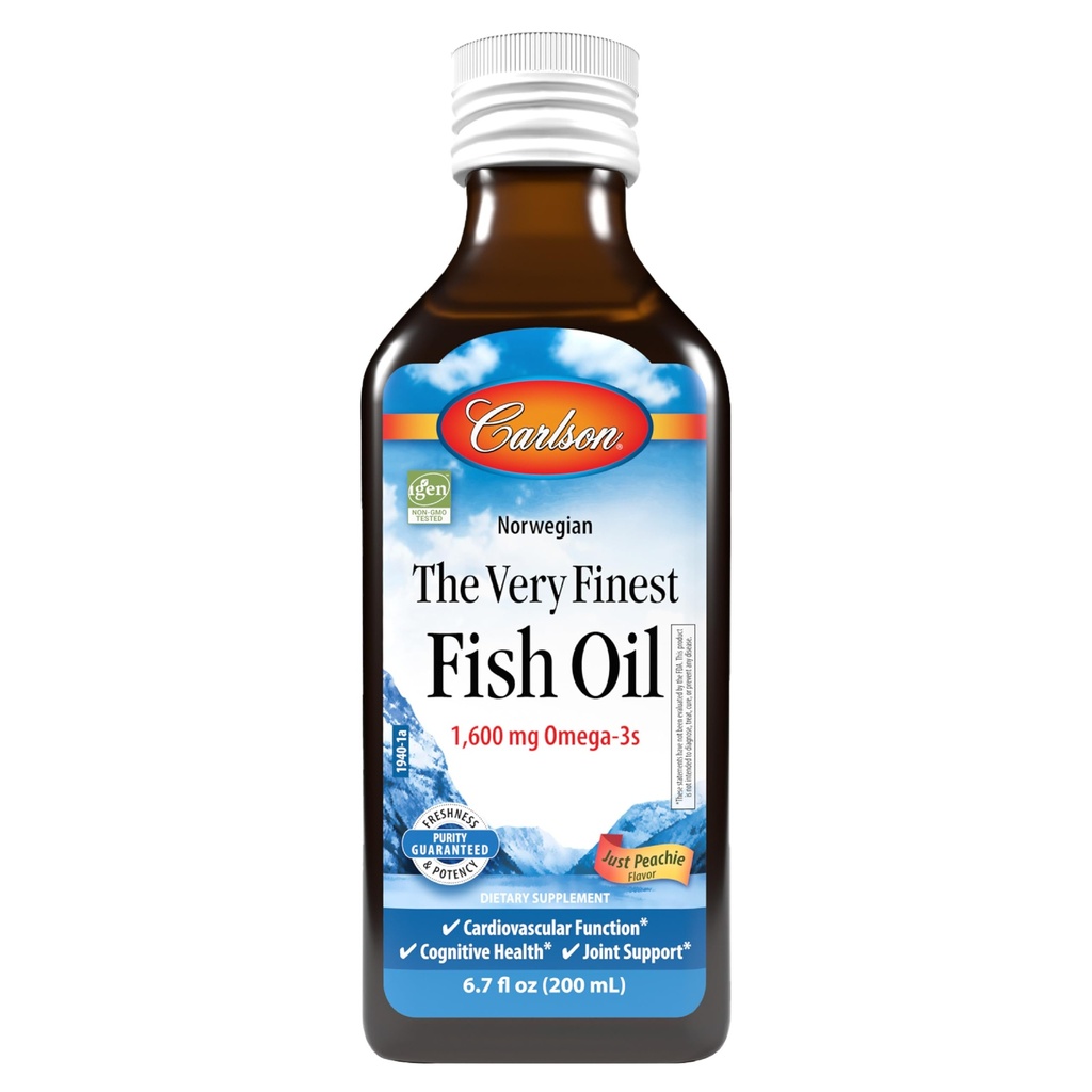 Carlson - The Very Finest Fish Oil, 1600 mg Omega- 3s, Liquid Fish Oil Suplemen, Norwegia Fish Oil, Wild- Caught, Sudivable Oil Liquid, Just Peachie, 200 mL (6.7 Fl Oz)