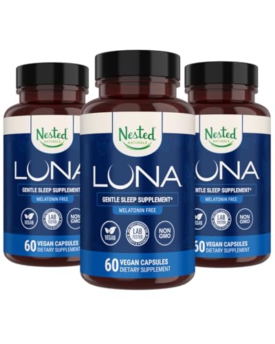 Sarana Luna Melonatin Free, Non- Habit Forming Herbal Sleep Suplement w / Chamomile, Valerian, L- Theanine, 180 Vegan Capsules (60 Capsules Per Botol)