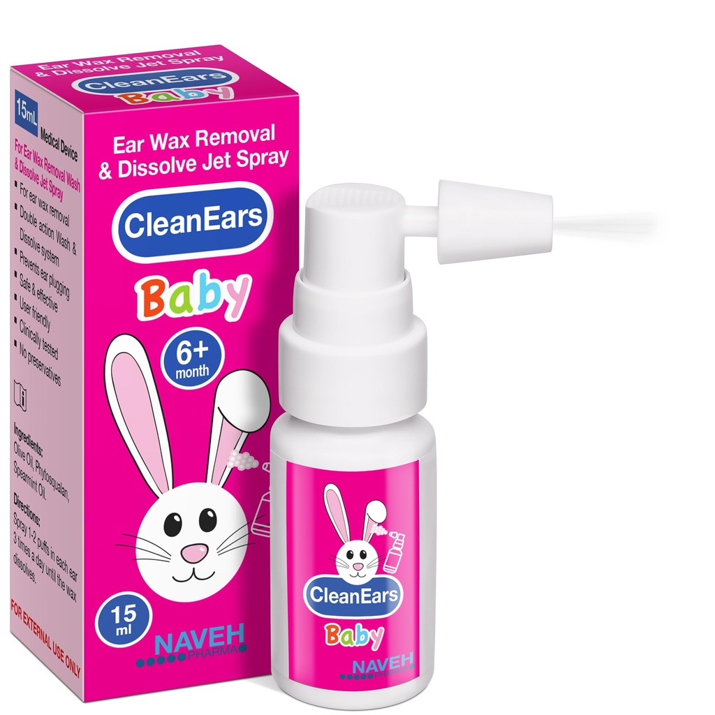 NAVEH PHARMA ® CleanEars Baby 124; Fast- Acting Ear Wax Wax Removal Spray 124; Breaks Down & Dissolve Earwax in Just 1 Treatment 124; Clinically Proven to Be 300% More Effective Oil, Clear & Safe & Safe 124; 0.5 OZ