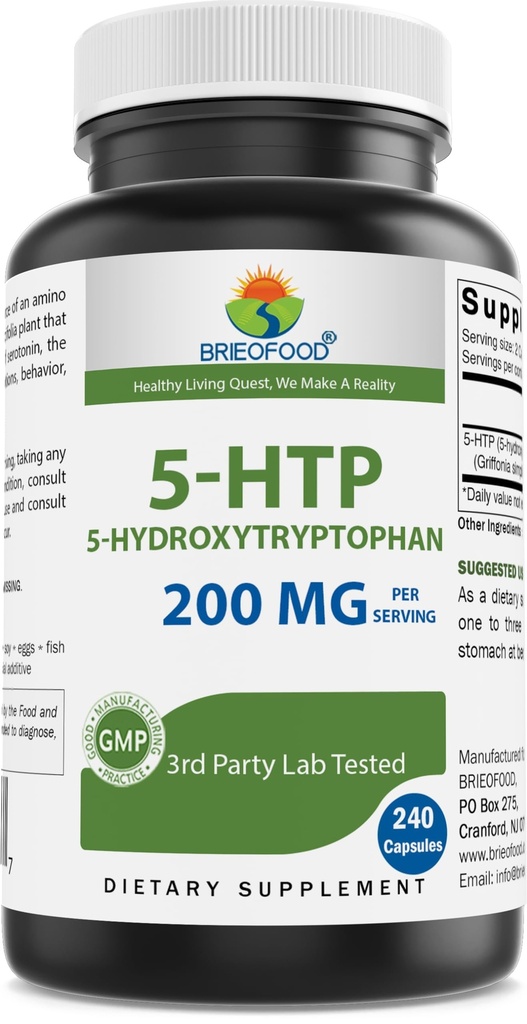 Brieofood 5-HTP 200 mg per Serving - 240 Capsules - 5 - Hydroxytryptophan untuk Relaxation Heally - Lab Partai 3 Teruji