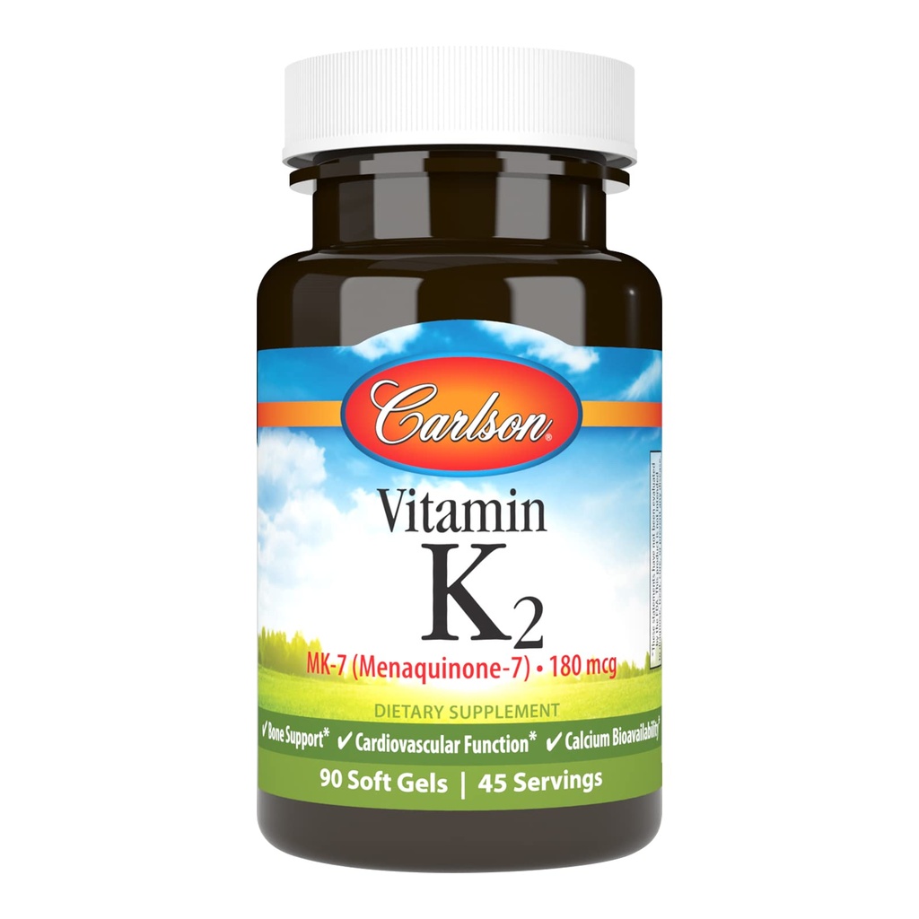 Carlson - Vitamin K2 MK-7 (Menaquinone), 180 mcg, Bone Dukung, Kalsium Bioavability, K2 Vitamin, Vitamin K-2, 90 Softgels