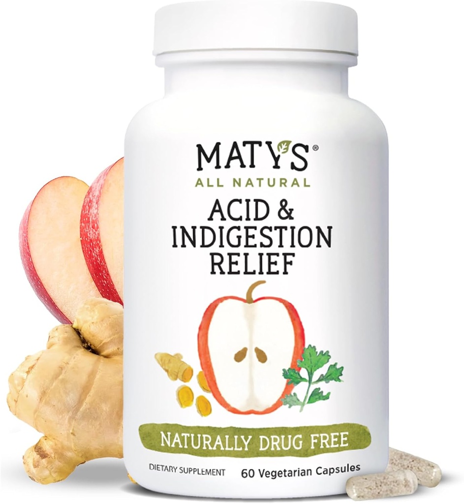 Matys Acid & Inditration Relief Capsules, Safe Antacid Alternative for Occational Acid Reflux & Heartburn, Dibuat dengan Apple Cider Vinegar, Soy & Gluten Free Vegetarian Capsules, 60 Count, 30 Servis