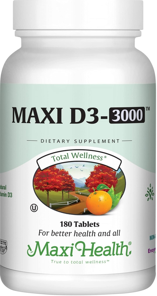 Maxi Health Vitamin D3 3000 IU 75 mcg Vitamin D Suplemen untuk Tulang Kesehatan, Gigi, Dukungan Imune - VIT D3 Tambahan Mudah untuk Swallow Non-GMO, Tambahan untuk Pria dan Perempuan - Kosher (180 Tablet)