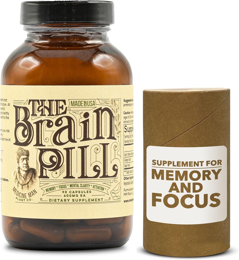 "The Brain Pill 90 Kapsul - Organic Brain Booster Suplement - Pil Ingatan untuk Otak w / Ginkgo Bisules, Singa Mane & Sage - Tambahan Booster Otak untuk Fokus, Memori, Kejelasan, Energi