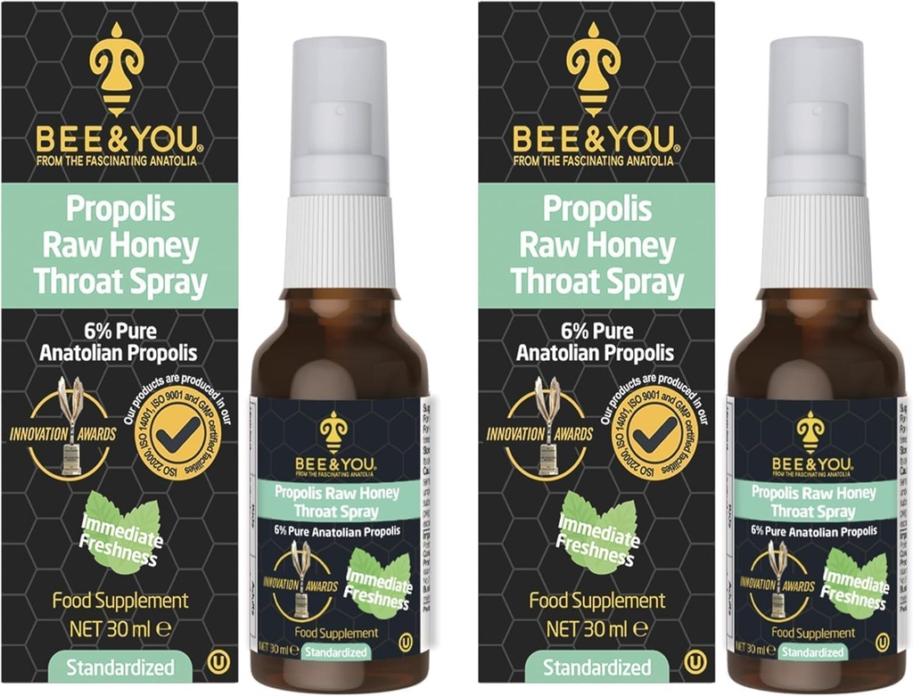 Bee and You Raw Honey Throat Spray, 100% Pure Propolis Extract, Immune Support, Sore Throat & Contraffic Relief, Oral Health, Antioksidants, Natural, Keto, Paleo, Gluten- Free 124; 1 FL Oz (Paket 2)