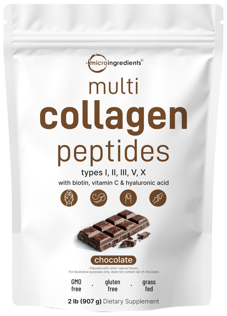 Mikro Ingrediens Multi Collagen Peptides Powder, 2lb 124; Type I, II, III, X + Biotin, Vitamin C & Hyaluronic Acid 124; Chocolate Flavor 124; Supports Hair, Skin & Joint Health 124to, Non-GMO