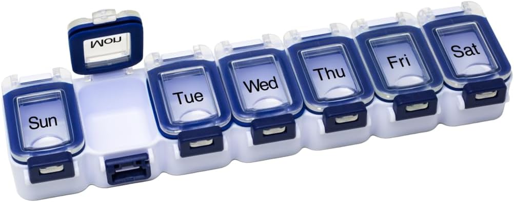 EZY DOSE Weekly (7- Day) Pill Planner, Medicine Case, Vitamin Organizer Box, Waterproof Locking Comment to Secure Prescription Medication and Prevent Accidental Spilling, Blue