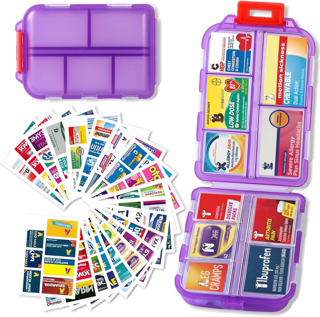 Pill Organizer with Medicine Label Travel Daily Pill Container Mini Medication Organzer Travel Pill Organizer Esentials Case 7 Day (Purple & 161 Lables)