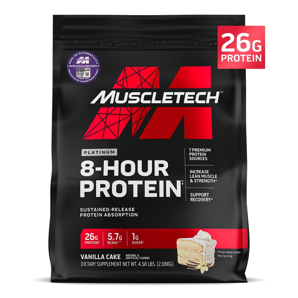 MuscleTech Platinum 8- Hour Protein Powder - 7 Premium Protein Sumber dengan Whey & Casein Protein untuk Induksi Otot Lean, Kekuatan & Peningkatan - Kue Vanilla, 50 Servis
