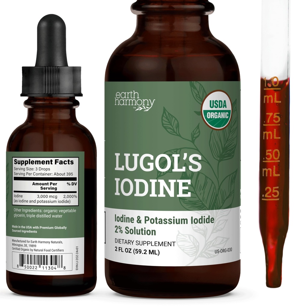 Iodine Organik Lugol, Iodium dan Potasium Iodide 2% Solution 3000 mcg - Liquid Suplement Drops for Thyroid Dukungan untuk Perempuan & Men, Metabolisme Kesehatan, Detox Boost - Non-GMO, 395 Servings (2 Oz)