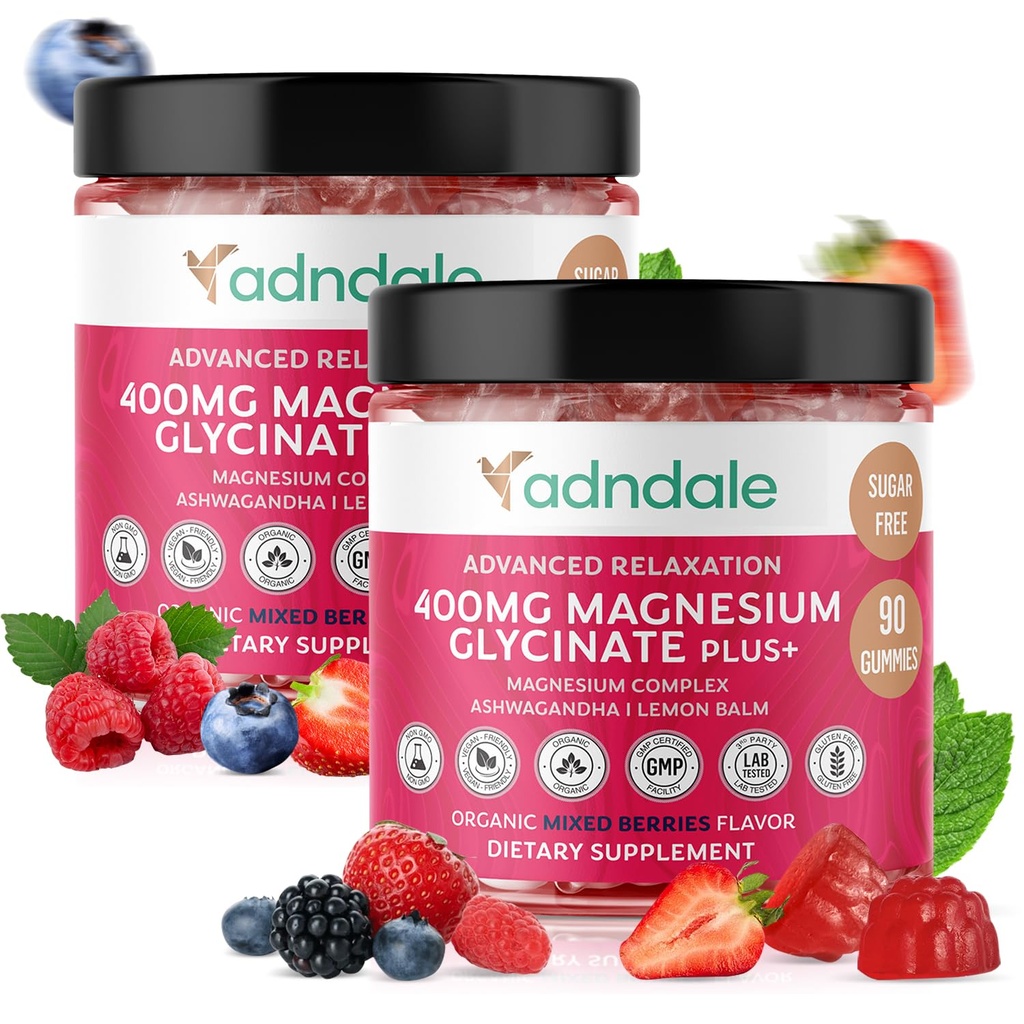 Adndale 180 CT Magnesium Glycinate Gummies 400 mg / Serv, dengan Ashwagandha, Magnesium Malate & Tamat, Sugar Free Chews untuk Dewasa & Anak-anak.