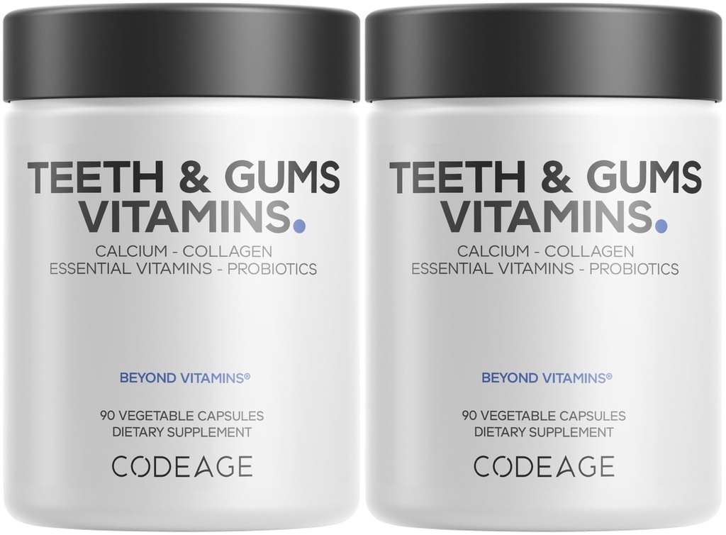 Codeage Teeth & Gums Vitamin + Oral Propoles Suplemen untuk Mulut - Seluruh Makanan Kalsium, Collagen, Potasium, Vitamin C, D3, K2, Zinc - Oral Care & Dental Multivitamin Suplemen - 2 Pack