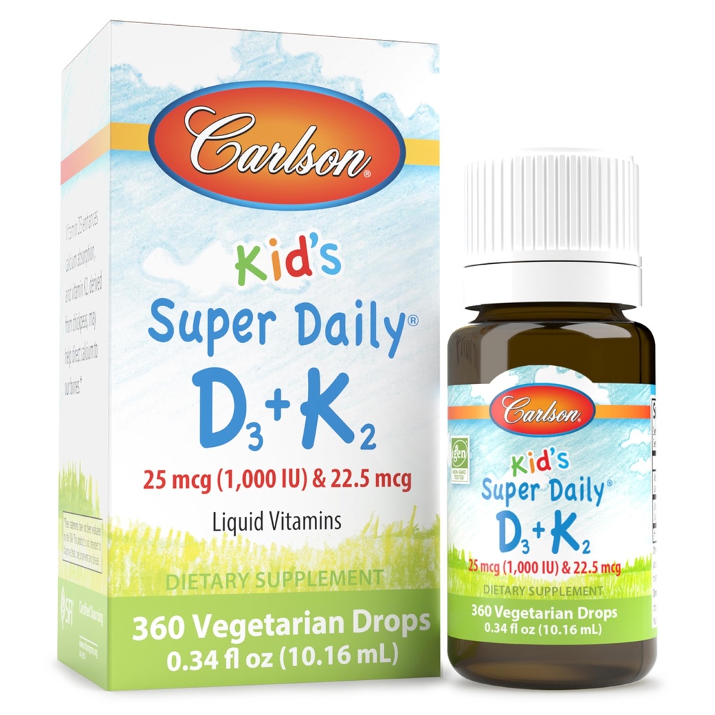 Carlson - Kid 's Super Daily D3 + K2, 25 mcg (1.000 IU) D3 & 22,5 mcg K2, Vitamin D Drops dengan Vitamin K2, Liquid Vitamin, 1000 IU Vitamin D3, Heart & Bone Health, Persediaan 1 Tahun, 360 Drops
