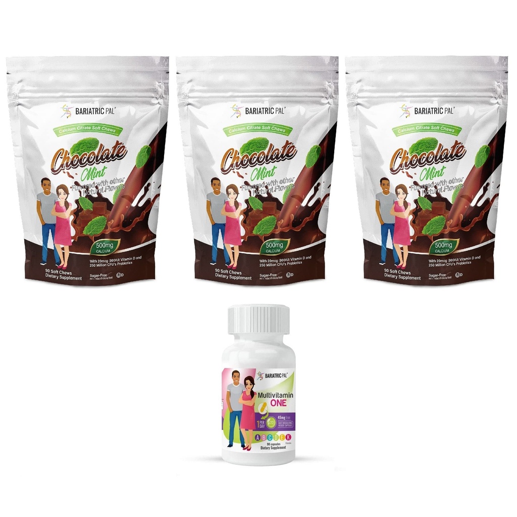 BariatricPal 90- Day Bariatric Vitamin Bundle (Multivitamin ONE 1 per hari! Capsule dengan 45mg Besi dan Kalsium Citrate Soft Chews 500mg dengan Propoles - Chocolate Mint)