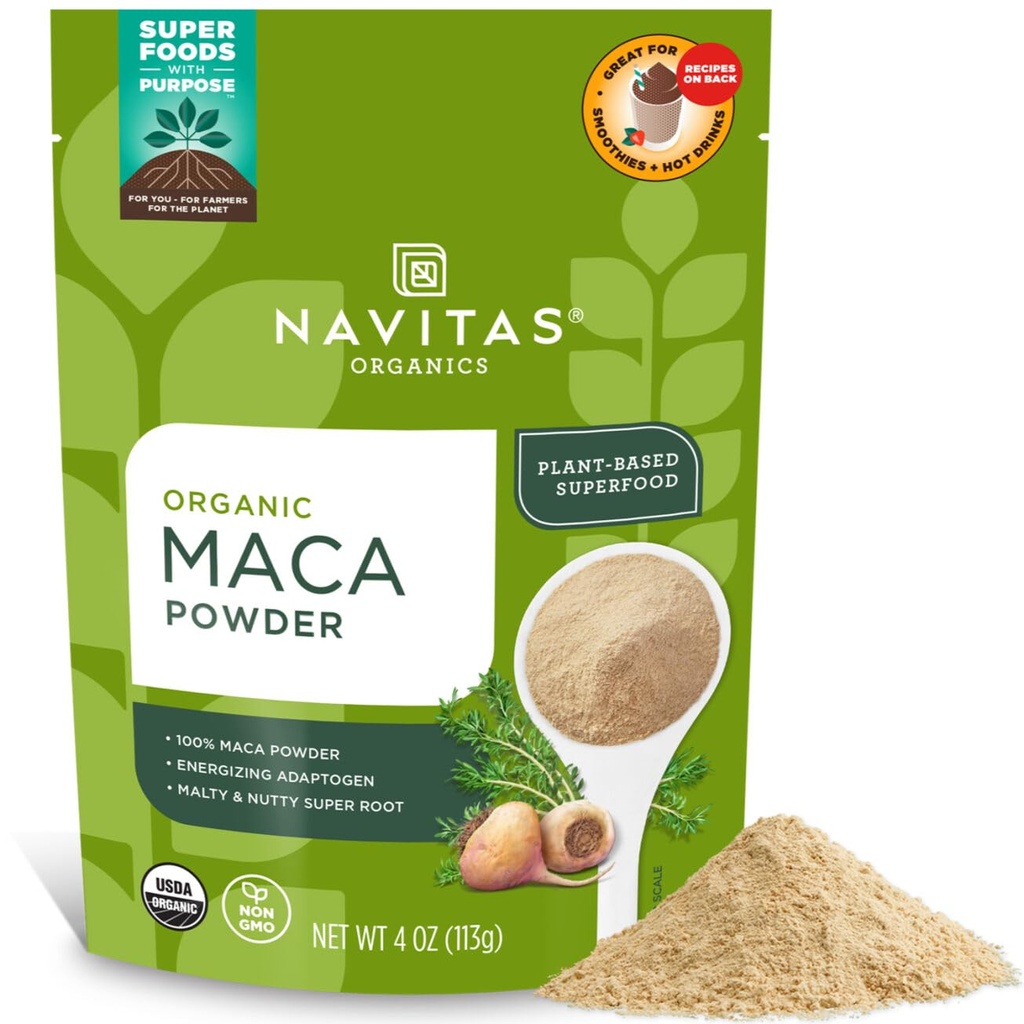 Naval Organics Maca Powder - 100% Gantatinized Peruvian Maca untuk Adaptogen Smoothie, Lattes, Baking & More - Energize & Saldo - USDA Organik, Non GMO, Vegan, Gluten Free (4oz. Tas, 23 Hamba)