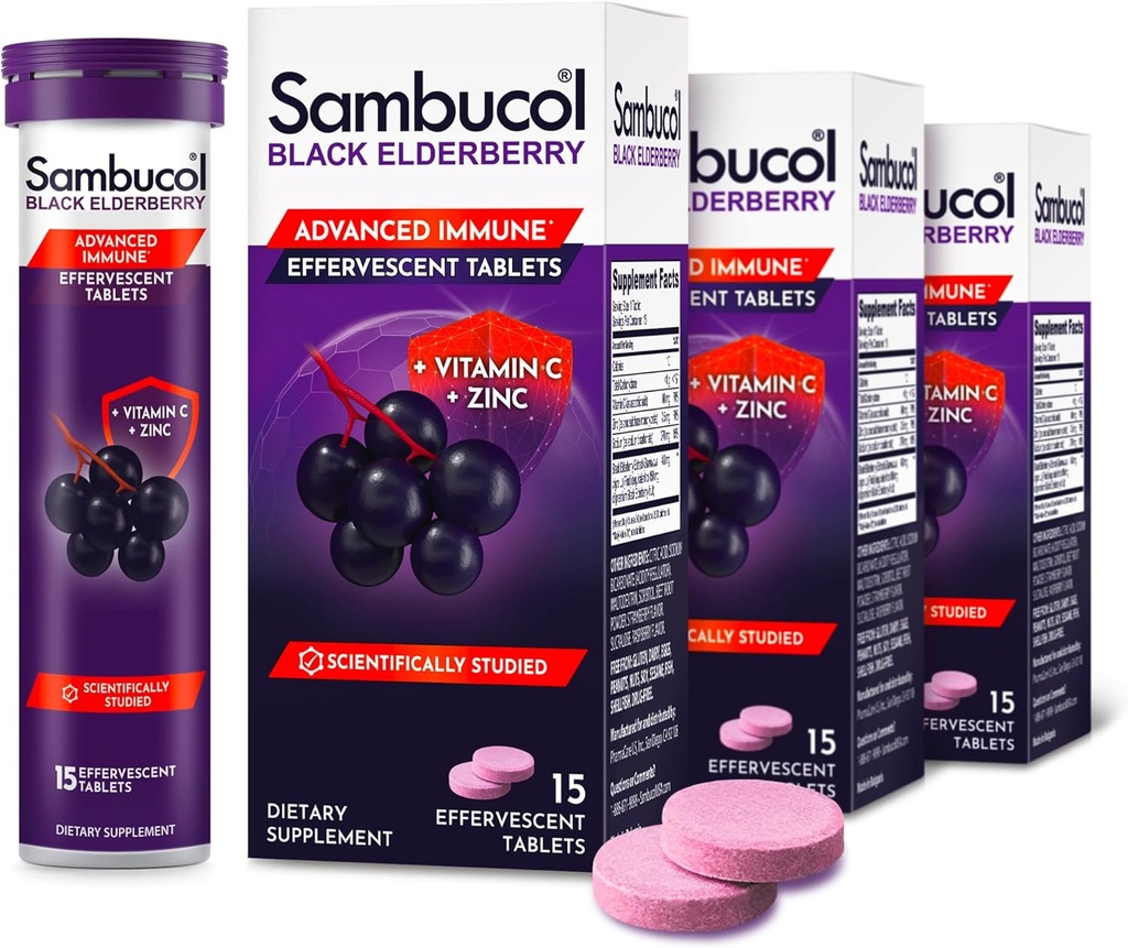 Sambucol Black Elderberry Tablet dengan Vitamin C & Zinc - Imune Suplemen Dukungan, Black Elderberry dengan Zinc dan Vitamin C Effervescent Tablet, Tinggi Antioksidants, Minuman Fizzies - 15 tablet