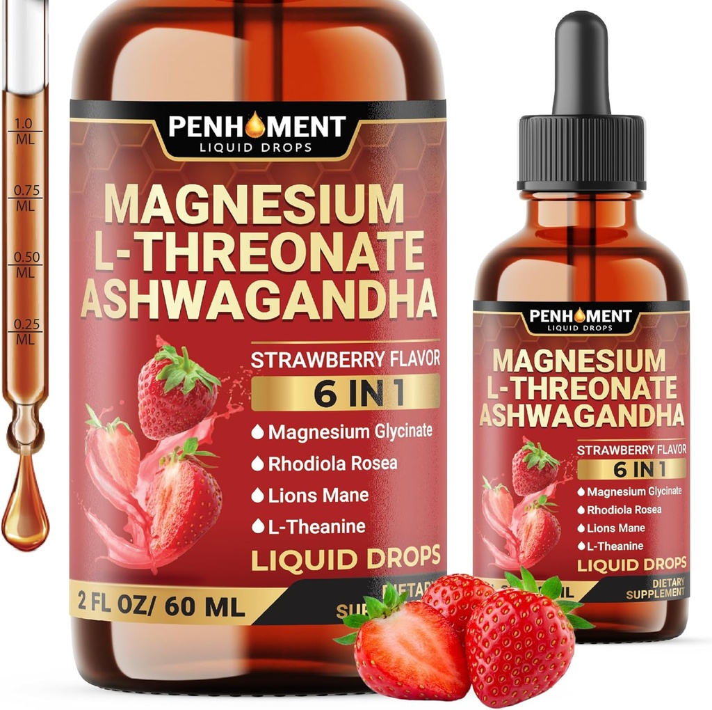 6in1 Magnesium L- Threonate Liquid Drops dengan Ashwagandha, Magnesium Glycinate dan 3 Lainnya - Dukungan Otak dan Imune - 2 Fl Oz selama 30 Hari - Strawberry Flavor