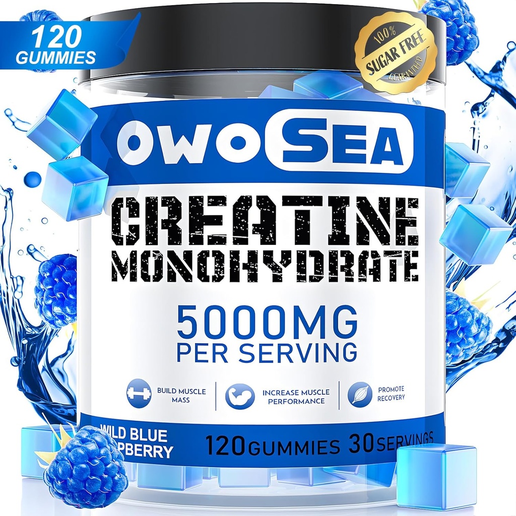 Creatine Monohydrate Gummies for Men & Women 5000mg Creatine Monohydrate per Serving for Muscle Dukung Energy Boost 120 Count Chewable 5g Creatine Suppplemen Sugar Free Vegan (1 Pack, Blue Raspberry)