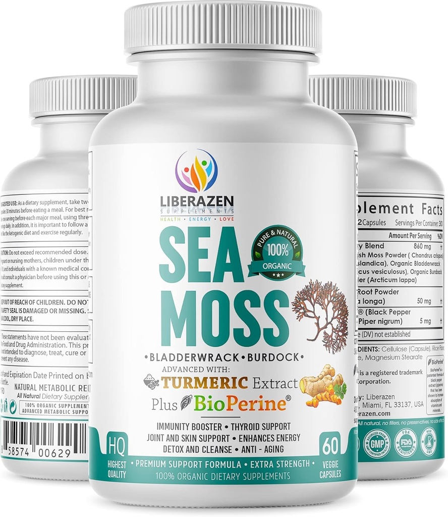 Organik Irish Moss Pil - Wildmade Dr Sebi Inspired Seamoss Blend with Turmeric, Burdock Root & Bladderwrack, Enhanced with Black Pepper - 60 Capsules