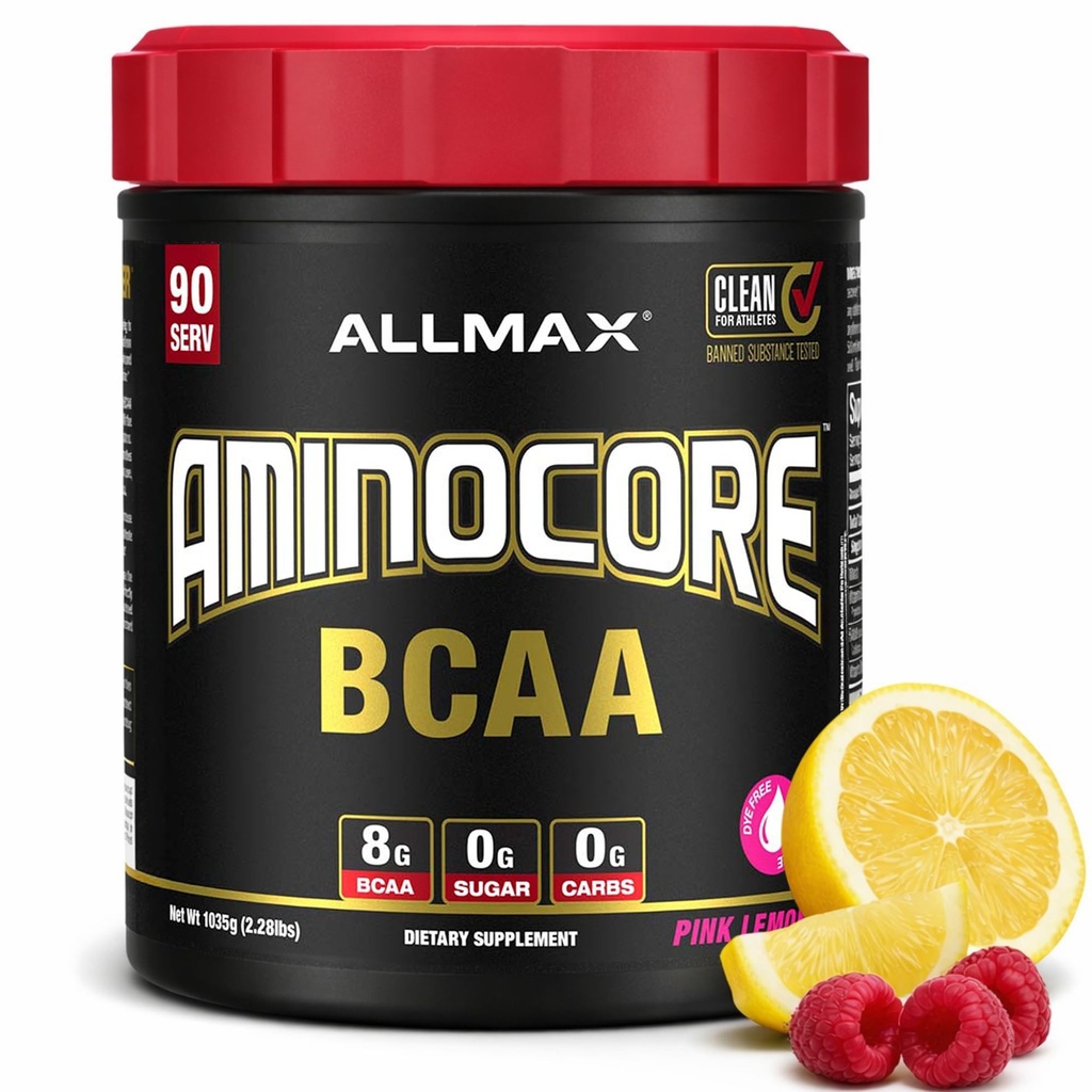 ALLMAX NASTition AMINOCORE BCAA, Pink Lemonade - 945 g Powder - 8.18 Grams Branched Chain Amin Accids - dengan B Vitamin - Tidak ada Fillers atau None-BCAA Aminos - Gula Bebas - 90 Hamba