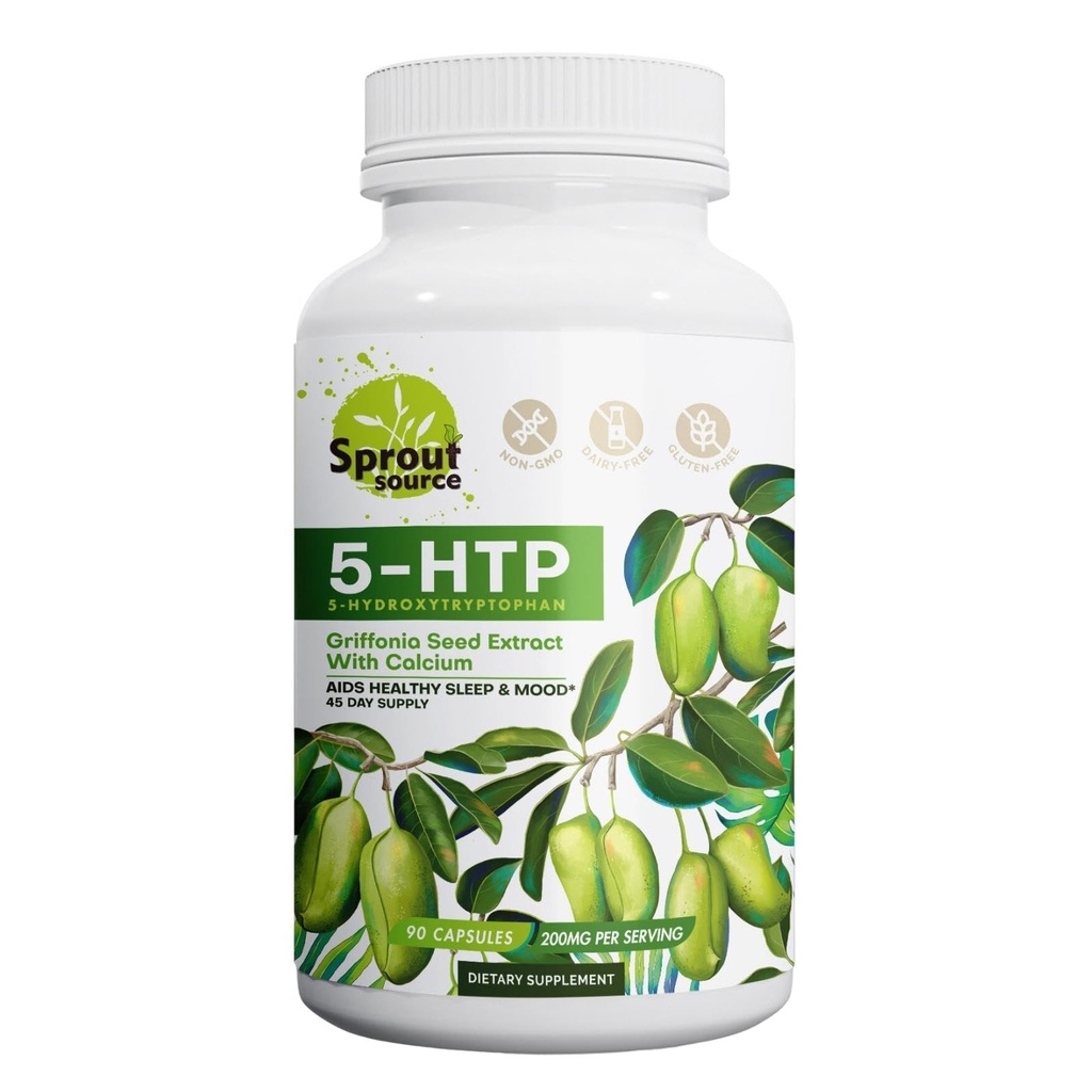 Suplemen 5- HTP 200mg, Support Heally Sleep & Mood with Calcium - Non-GMO, Gluten- Free - 90 Capsules