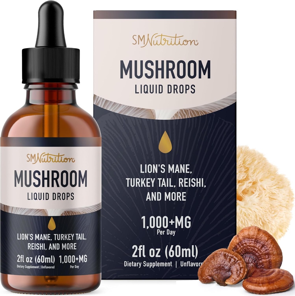 Mushroom Liquid Drops Complex 126; Lions Mane Suplement with Turkey Tail Mushroom, Reishi, Shiitake & More 14; Dukung Fungsi Kognitive, Memory & Focus 124; Non-GMO, Soy- Free 124; 2 Fl Oz, 60