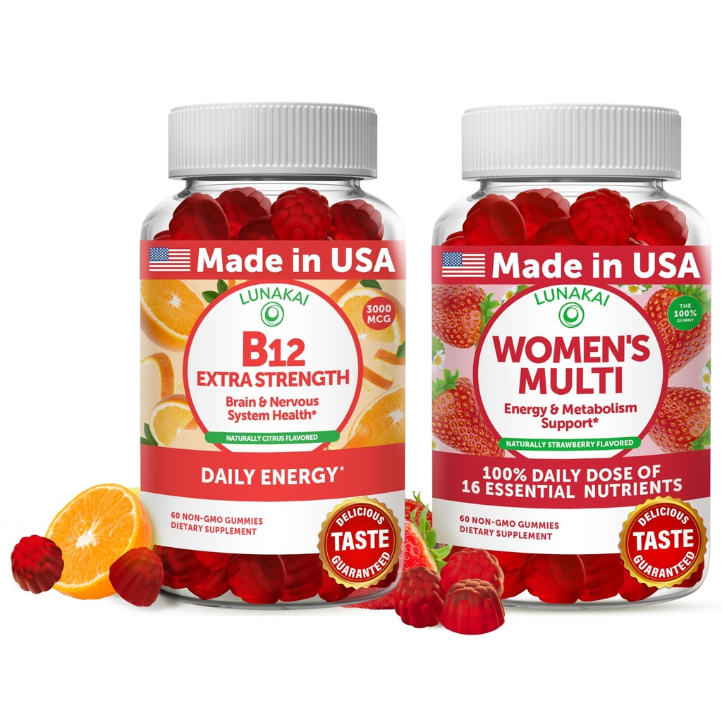 Lanakai Vitamin B12 dan Women 's Multivitamin Gummies Bundle - 3000mcg Methylcobalamin High Absorpsi Energy Gummy - 100% Daily Value of 16 EsculVitamin and Mineral Suppplemen - 30 Days Suppply