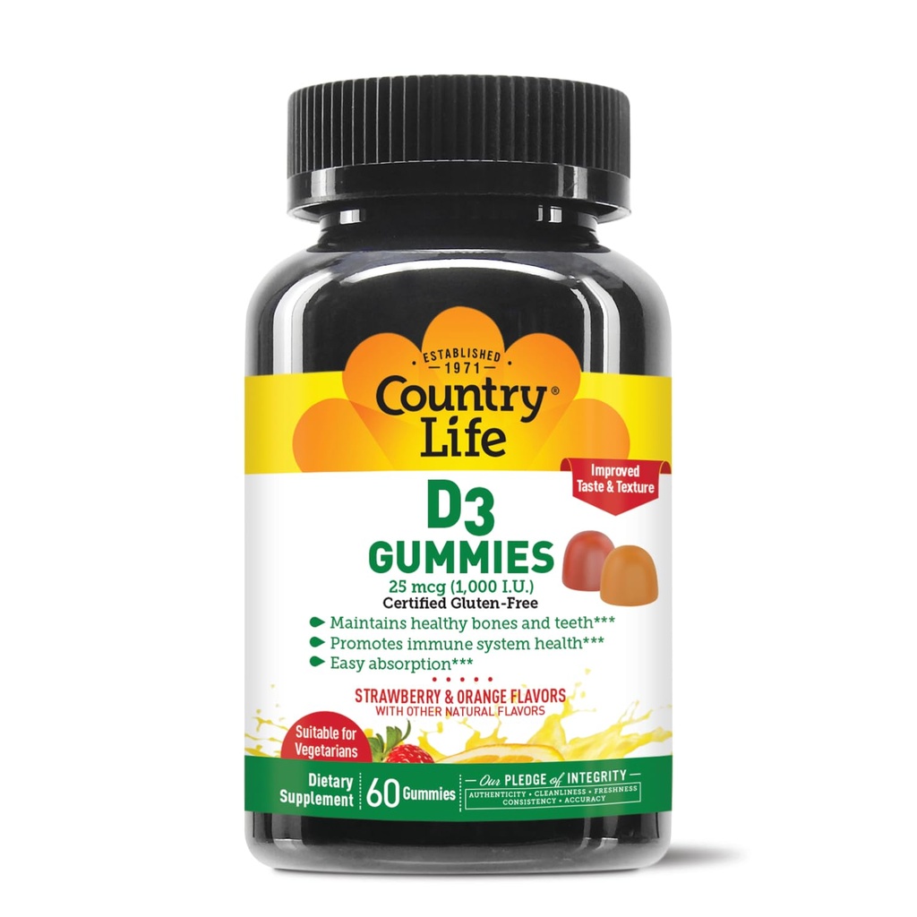 Country Life Vitamin D3 Gummies - 1,000 IU Cholecalferol, 60 Count - Support Bone & Ammune Health - Vegetarian, Gluten- Free, Strawberry & Orange Flavors - Pectin- Based, No Artificial Sweeteners