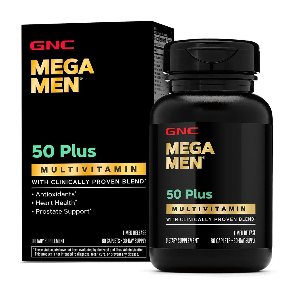 GNC Mega Men 50 Plus Multivitamin Caplets, Clinically Proven, Heart & Prostate Health, B Vitamin, Saw Palmetto, Memory, Vitamin D- 3, 60 Count