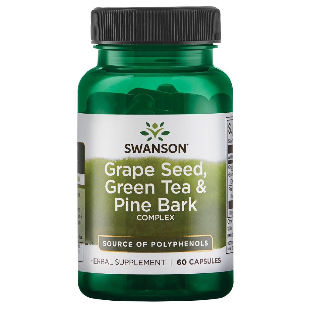 Swanson Grape Seed Green Tea & Pine Bark Complex Health Antioksidant Dukung Polyphenols OPCS Herbal Suplemen 60 Capsules (Caps)