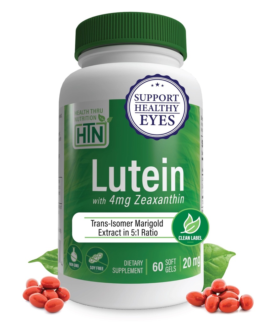 Lutein 20mg dengan 4mg EKSxanthin 60 Softgeels = 124; AllTrans Marigold Extract in Nature Identical 5: 1 Rasio 124; Pasport Heally Eye, Skin and Brain 124; Non-GMO Soy & Gluten Free Avertical 124; by Health Thru Nutrition