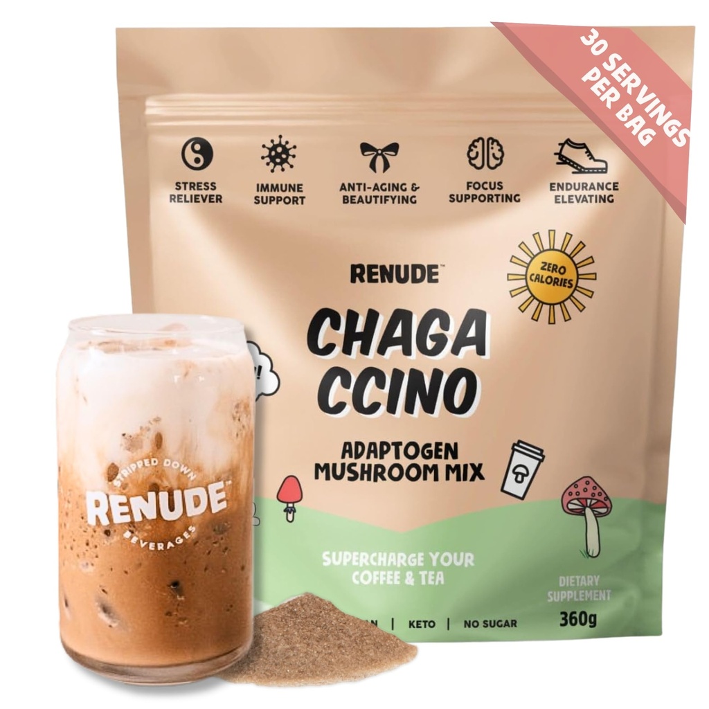 Renude Chagaccino - Powder Chaga Jamur, Mushroom Coffee Drink Mix dengan Adaptogens, Natural Energy dan Dukungan Imune, Vegan, Keto, Zero Calorie Mushroom Blend Quwder - 30