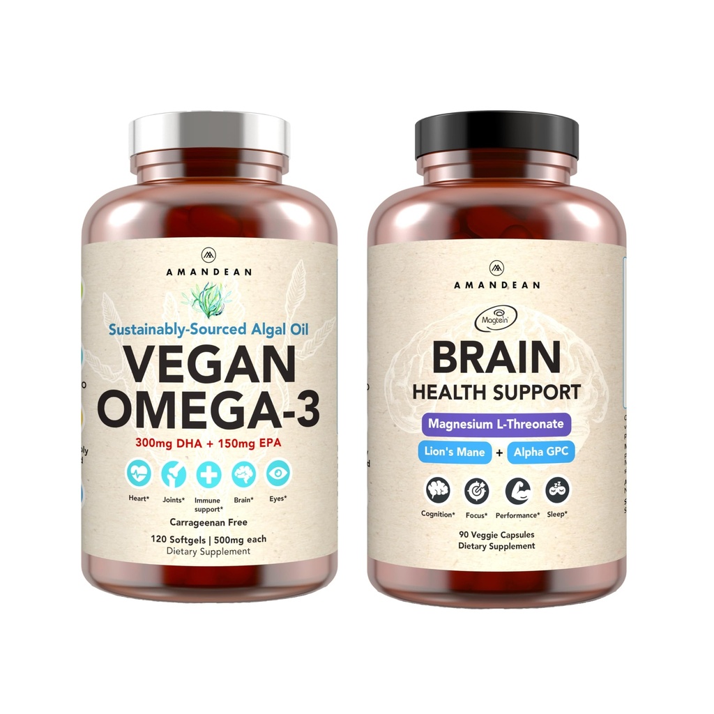 AMANDEAN Brain & Vegan Omega- 3 Bundle: Magnesium Threthreonate, USA- Grown Lion Mane 6: 1, Alf-GPC & Algae DHA / EPA. Fish Oil Alternative.