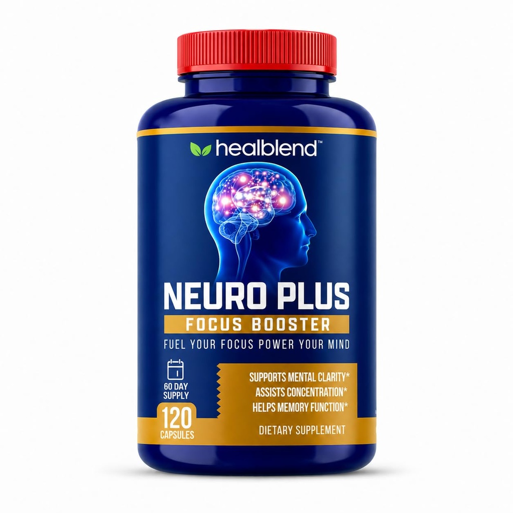 Healminge Neuro Plus Focus Booster - Advanced Brain Supplement with Vitamin B6, B12, Folate - Improve Memory, concentration, Mental Clarity & Cognitive Fungsi - 120 Capsules