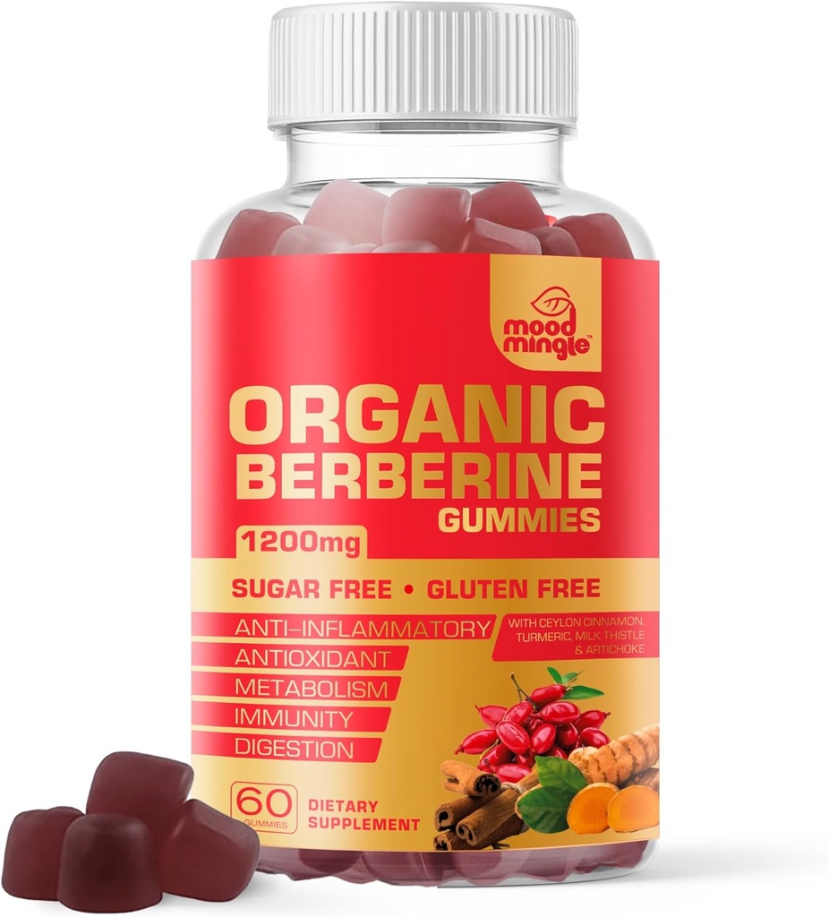 Berberine Tambahan Gummies (1200mg) dengan Cinnamon Ceylon, Turmeric, Milk Thistle & Artichoke - Gula Bebas, Gluten Bebas, Kualitas GMP