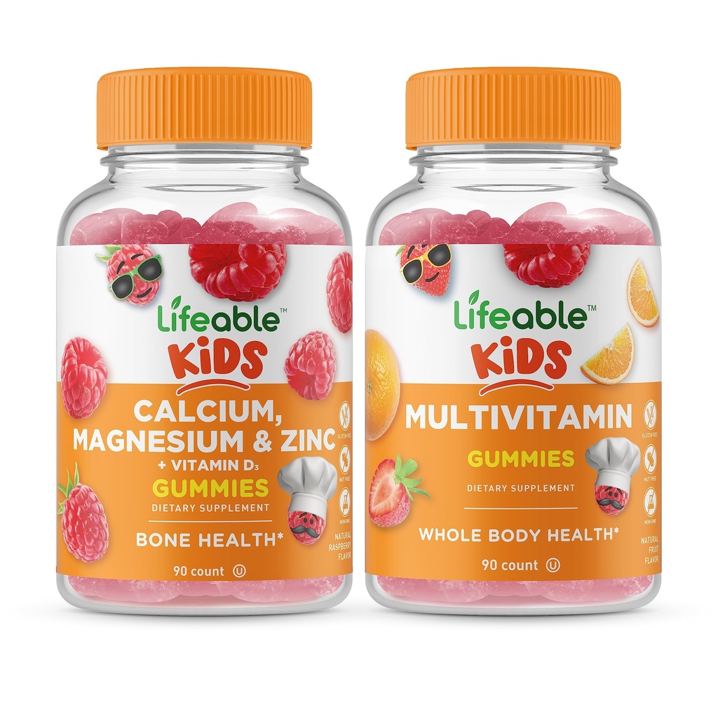 Lifeable Calcium Magnesium & Zinc Kids + Multivitamin Kids, Gummies Bundle - Great Tasting, Vitamin Suplemen, Gluten Free, GMO Bebas, Gummy Chewable