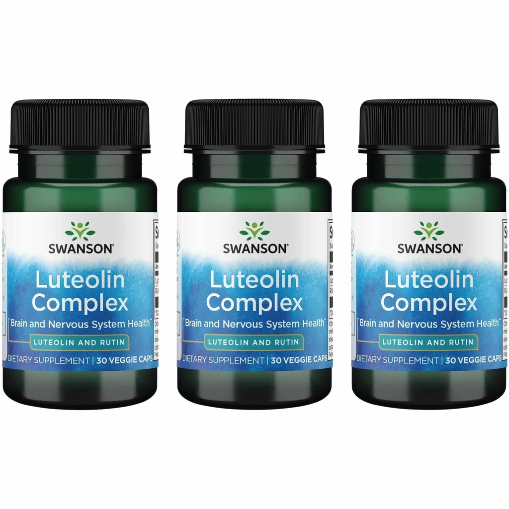 Swanson Luteolin Complex w / Rutin - Brain Support Promoting Memory, Mood & Cognitive Health - Natural Formula untuk membantu mempertahankan Sistem Gugup - (30 Veggie Kapsul) 3 Pack