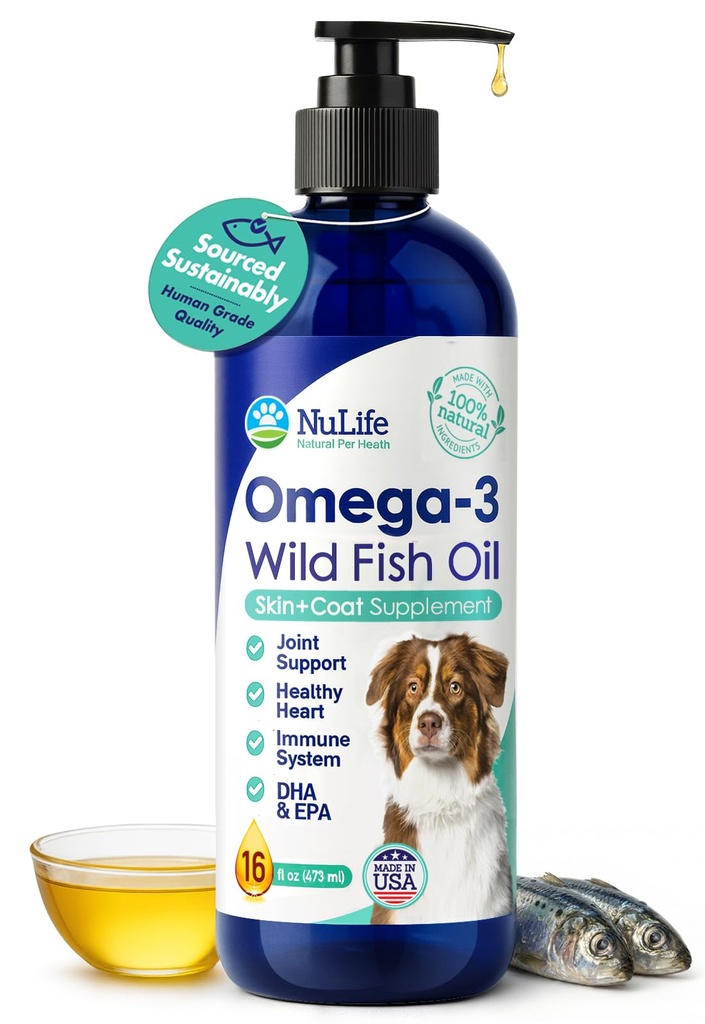Liquid Fish Oil for Dogs with Omega 3, 6 & 9 Fatty Acids, Wild Caught from Islandia, Skin and Coat Suplement for Shedding, Itchy Skin, Allergies, Brain Heart Health, Rich in EPA + DHA - 16 oz
