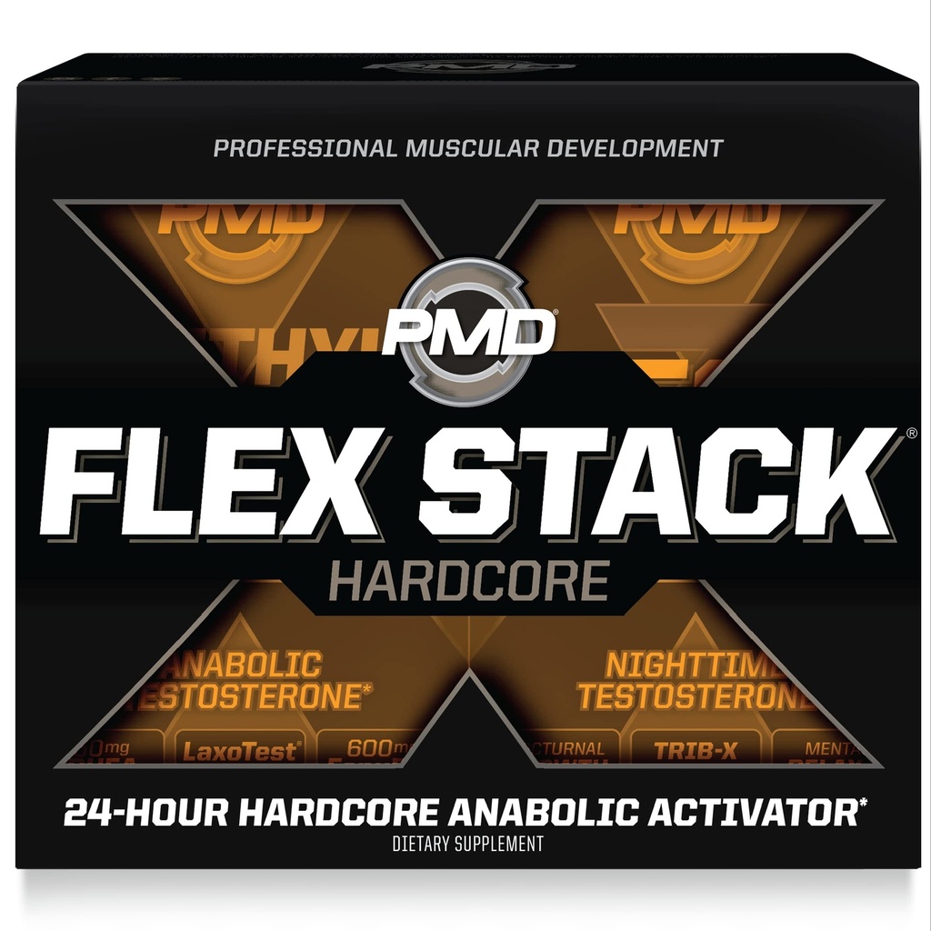 PMD Sports Flex Stack Hardcore 24- Hour Heally Stack for Increased Muscle Mass, Power, Reduce Soreness, Libido and Restful Sleep - Methyl Anhardcore 90 Capsules, Z-Test 90 Capsules