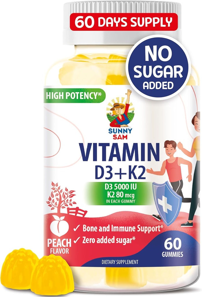 Sugar-Free Vitamin D3 K2 Gummies 5000 IU - Imune & Bone Dukung Gummies - Vitamin D Gummy Suplemen untuk Dewasa - Tinggi-Absorpsi, Vegan, Halal, Gluten- Gratis Vitamin Chewable