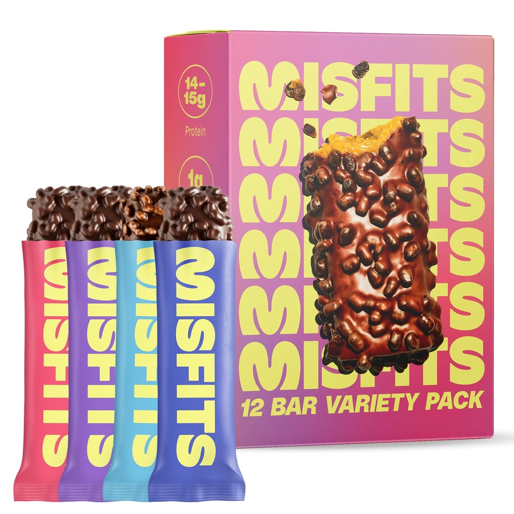 Misfits Protein Bars - High Protein Candy Bars 124; Gluten Free Plant Based, Low Sugar & Carb, High Fiber Snacks 128; Variety Pack of 12 (4 Flavors)