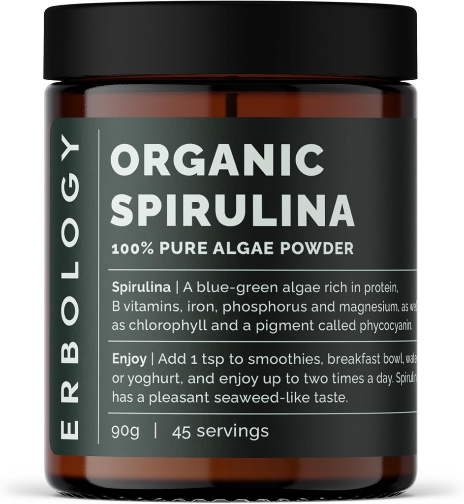 Erbologi Organic Spirulina Powder 3.2 oz - 45 hamba - Sumpabbibly Sourced in Portugal - Energy and Imunity Support - Rich in Chlorophill, B Vitamin, Iron and Phosphorus - Vegan - GMO-Free