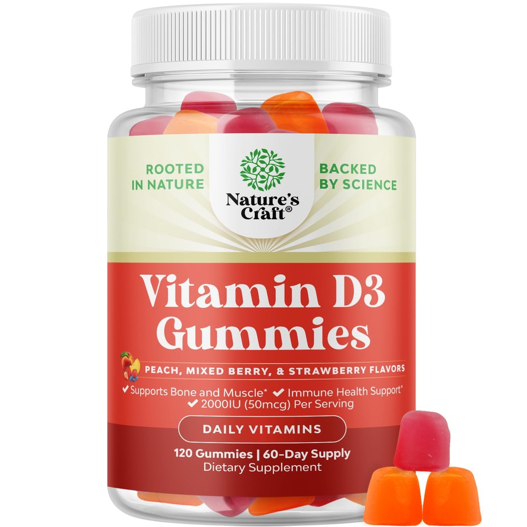 Nature Craft Cramin D3 Gummies for Daily Wellness - Delicious Vitamin D Gummies for Adules with D3 2000IU per Serving Bone Muscle & Imune Support - Non-GMO Gelatin & Gluten Free (60 Day Suppply)