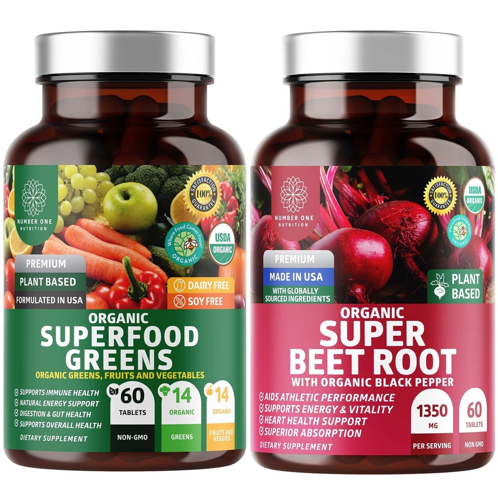 Number One Nutrition N1N Premium and Organic Superfood Greens and Beet Root Tablet for Imunity and Antioksidant Dups, Packed with Alfalfa, Spirulina and Barley Grass, 120 Tablet