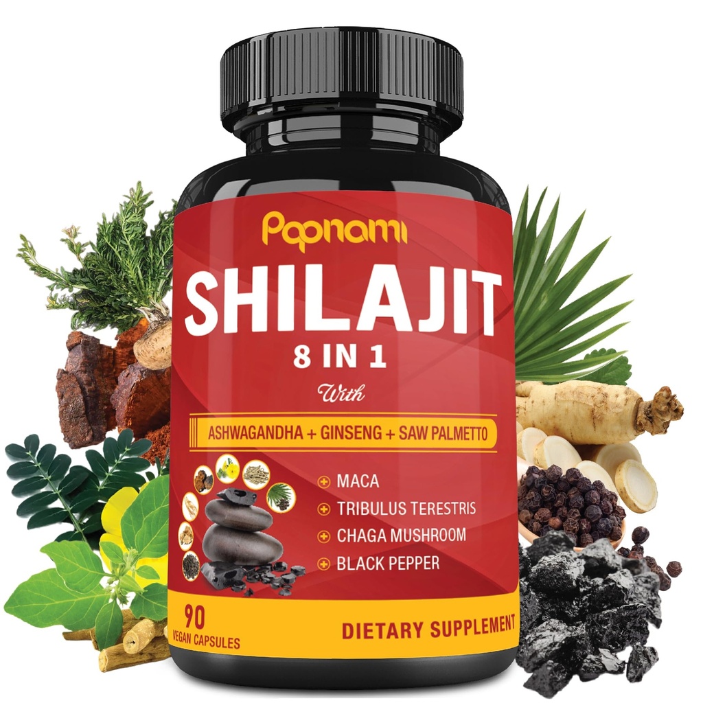 Shilajit Himalaya Kapsul - 3 Bulan Supply - Menggabungkan Ashwagandha, Ginseng, Saw Palmetto, Maca, Tribulus, Chaga, Black Pepper