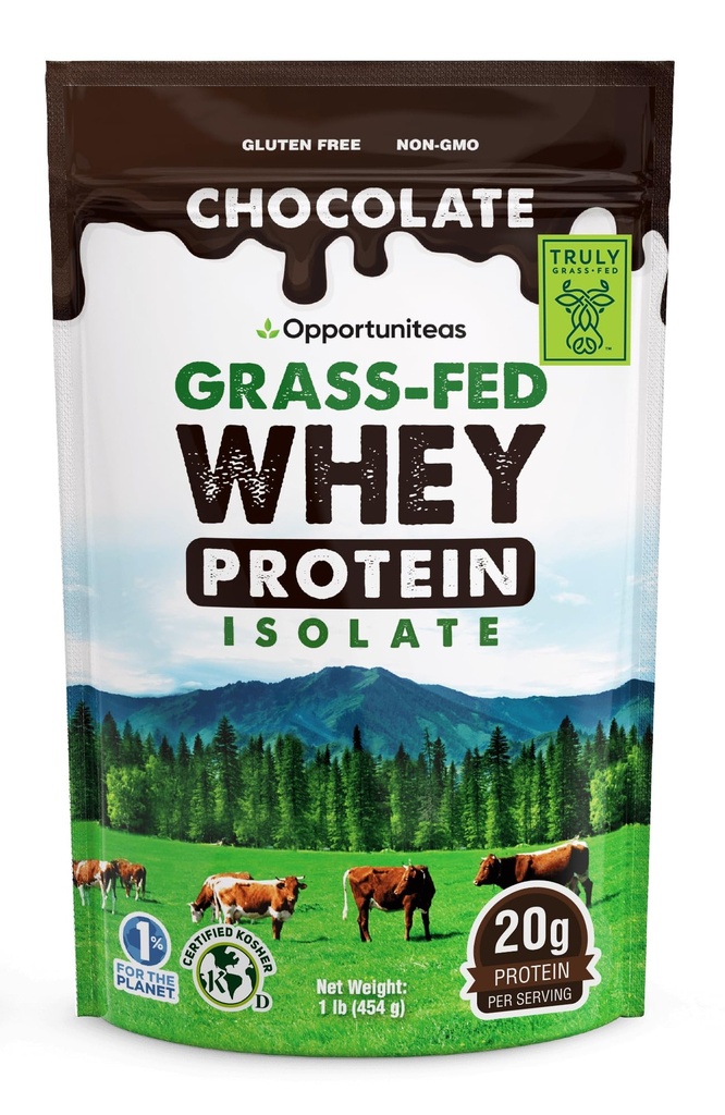 Opportuniteas Grass Fed Chocolate Whey Protein Isolate Powder - 20g Protein Powder Without Articial Sweeteners, Hormone- Free Happy Cows, Non GMO - 1lb