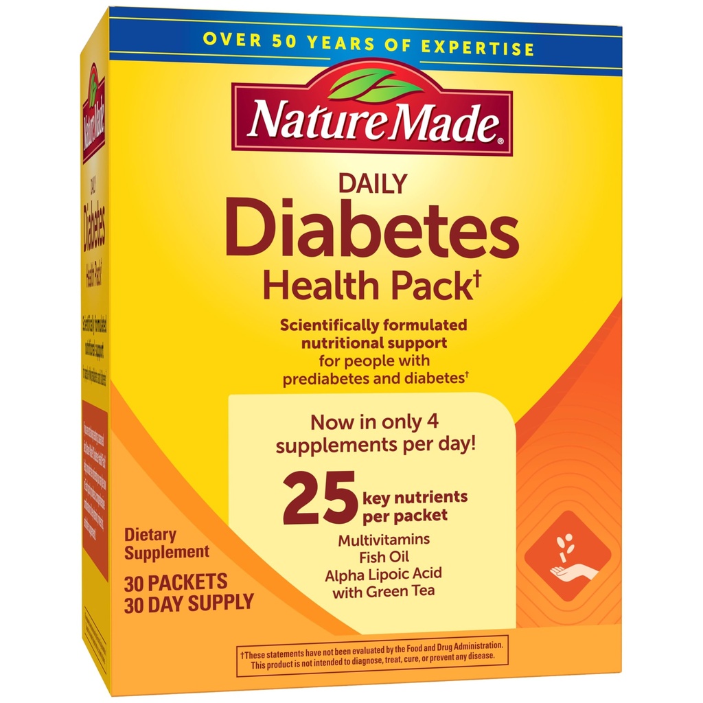 Nature Made Daily Diabetes Health Pack, Dietary Supplemen untuk Pendukung Nuklir, 30 Paket, 30 Hari Supply