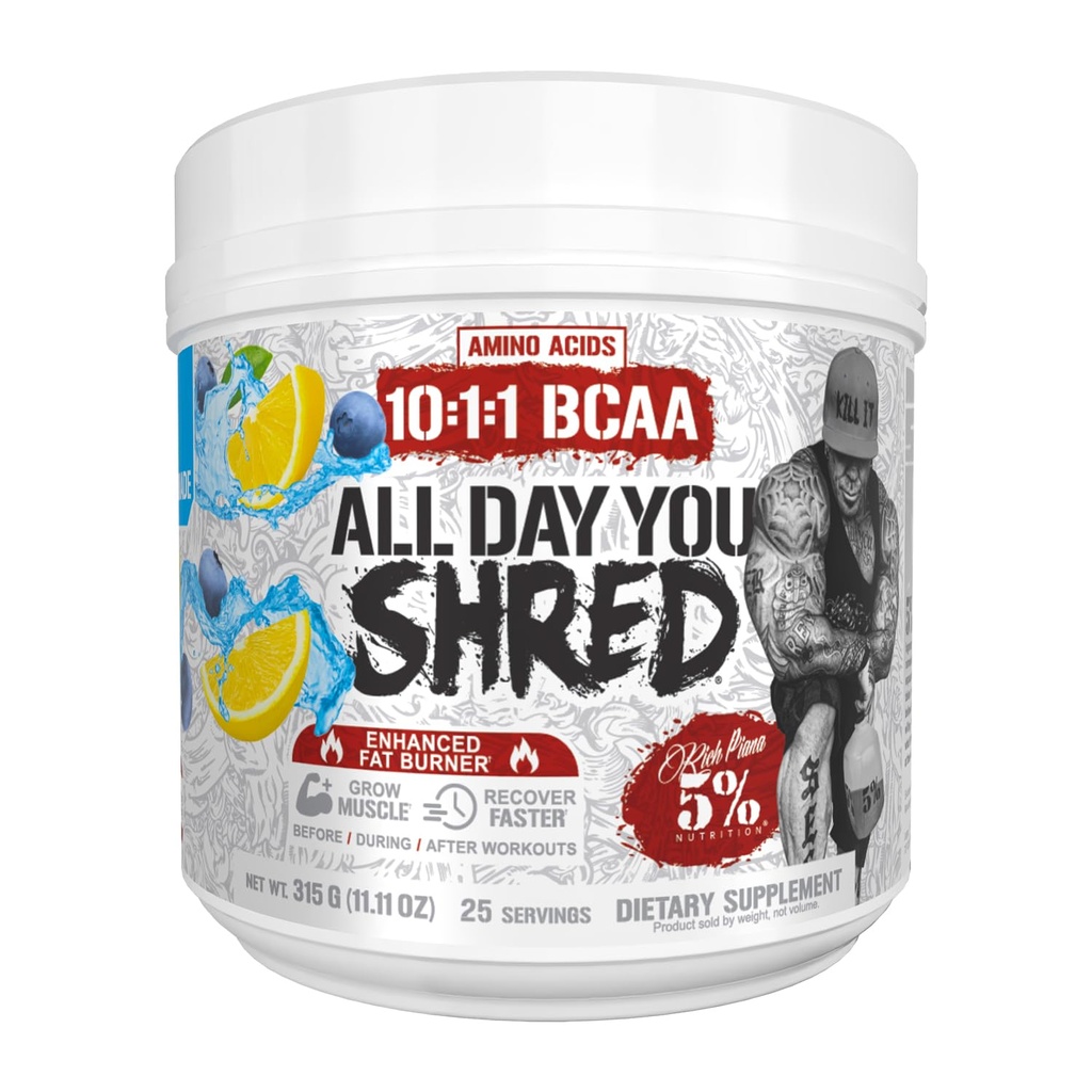 5% Nutrition Rich Piana AllDayyou Shred BCAA Powder 124; Amino Acid Suplement for Weight Looss 124; Elite Fat Burning Pre Workout for Energy, Hidration, Endurance & Recovery (Blueberry Lemonade)