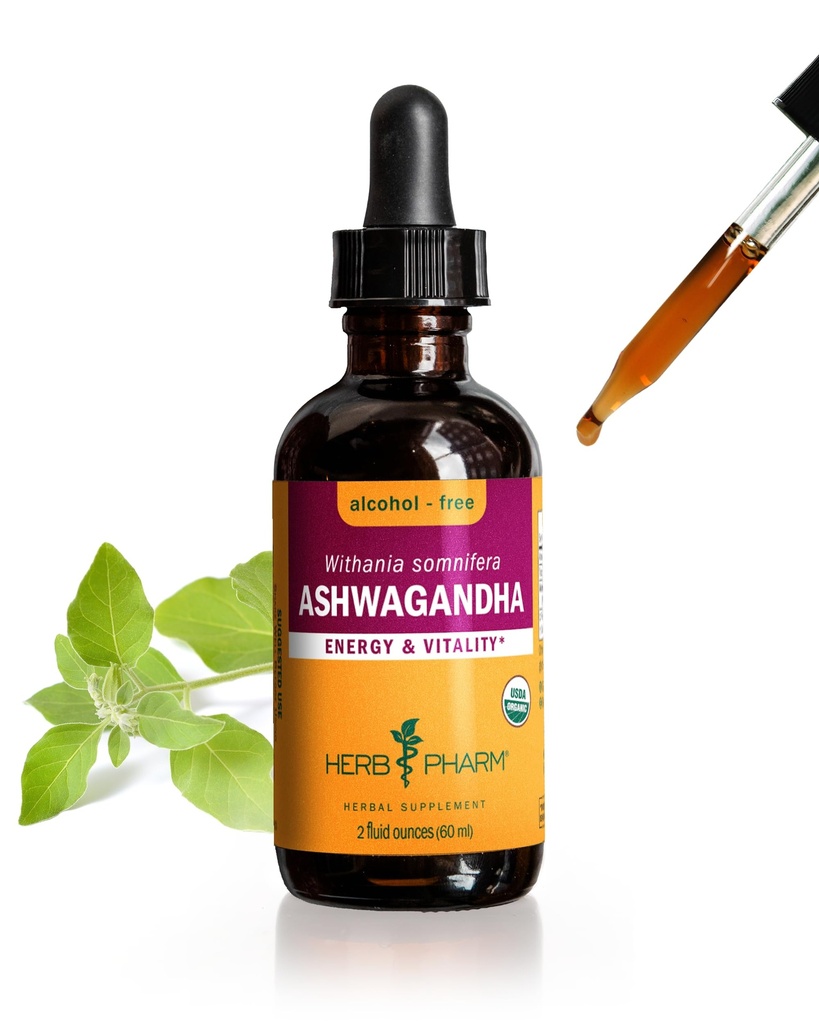 Herb Pharm Certified Organic Ashwagandha Extract Drops for Tradisional Support for Energy and Vitalitas, Alcohol- Free Glycerite, 2 Oz